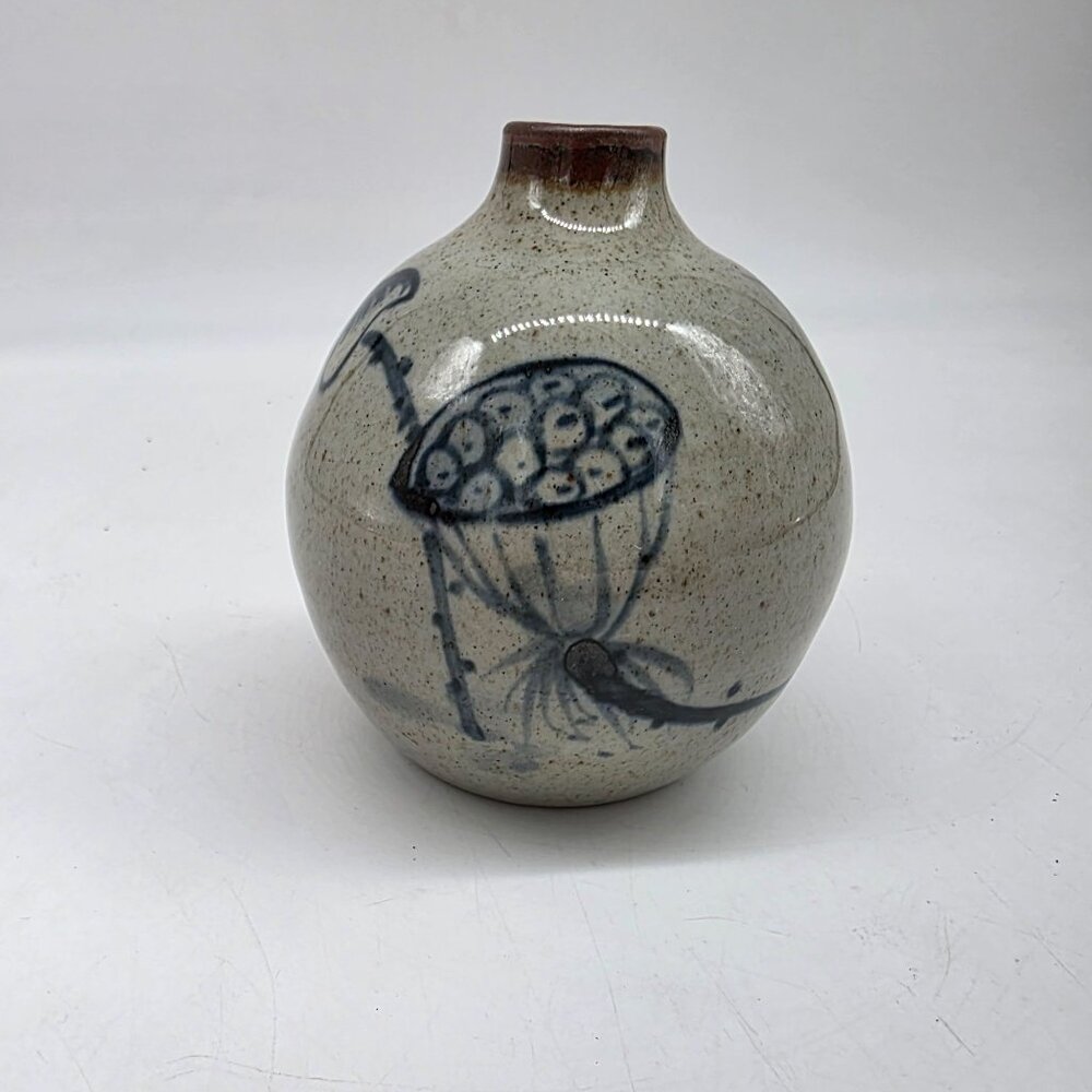 Handcrafted Round Ceramic Vase With Blue Abstract Floral Design 4.5"